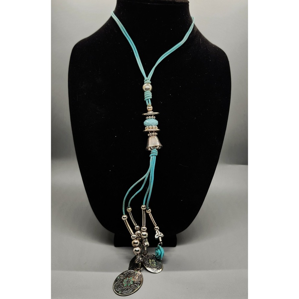 Boho Lariat Tassel Necklace Adjustable Teal Cord Silver Tone Turquoise Charms